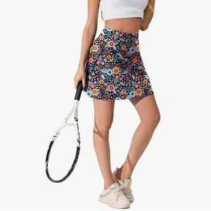 Golf Skort | Navy Blue with Colorful Floral Print | Built-In Shorts XL Boho